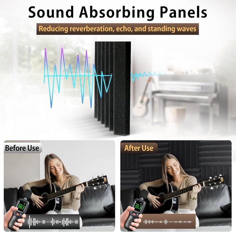 AUSLET 36 Pack Self-Adhesive Acoustic Foam Panels, 12 x 12 x 2 Inches High Density Wedge Sound Proof Foam Panels for Walls, Fire Resistant Soundproof Wall Panels for Home Office & Studio (Black) - Image 4
